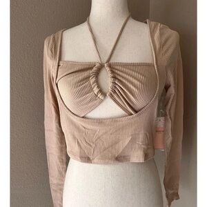 Ribbed Halter Cutout Crop Top in Tan